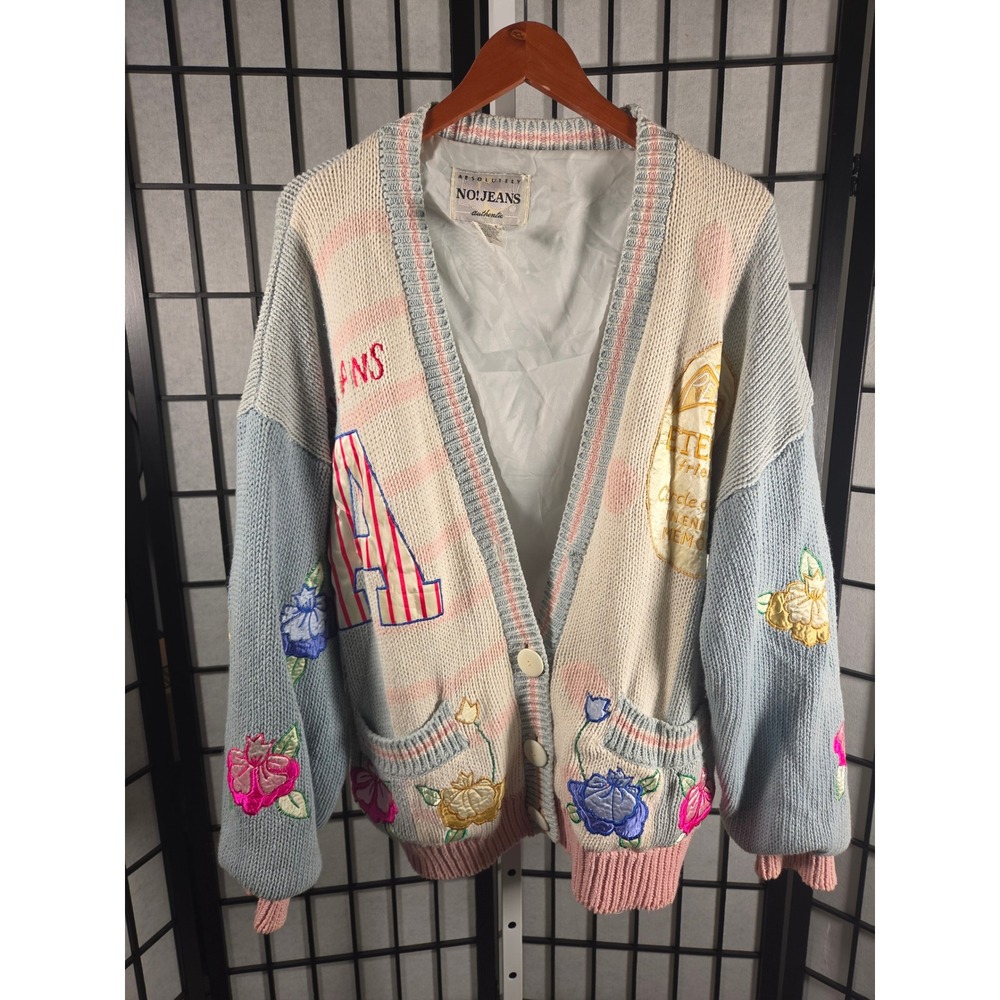Vintage Absolutely NO! Jeans Floral Embroidered Cardigan Pastel Knit OSFM